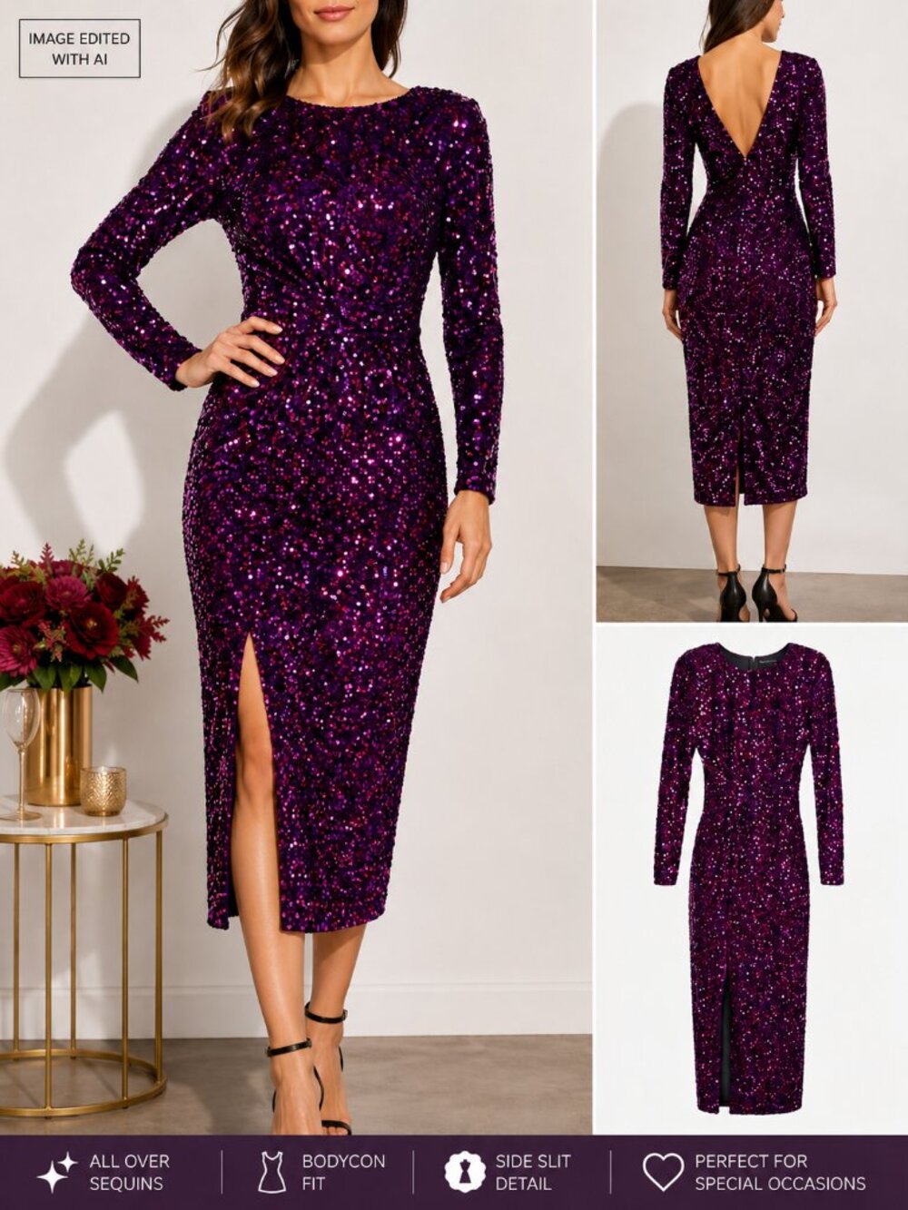 Dress the Population Natalie Sequin Midi Dress | Side Slit Bodycon Cocktail
